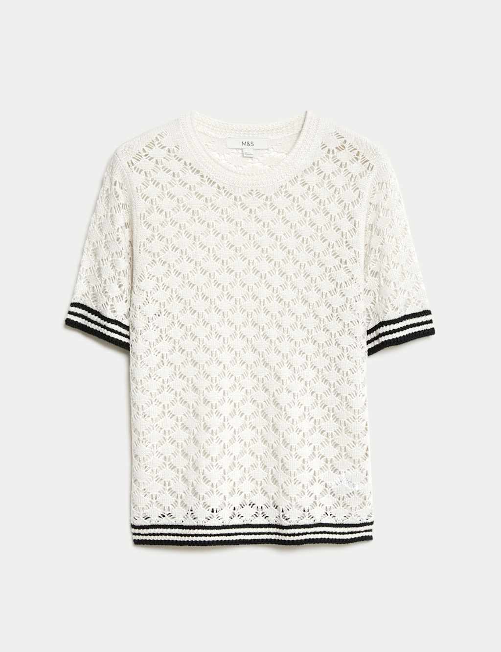 Pointelle Crew Neck Tipped Detail Knitted Top