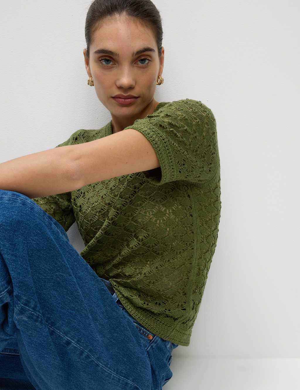 Pointelle Textured Crew Neck Knitted Top