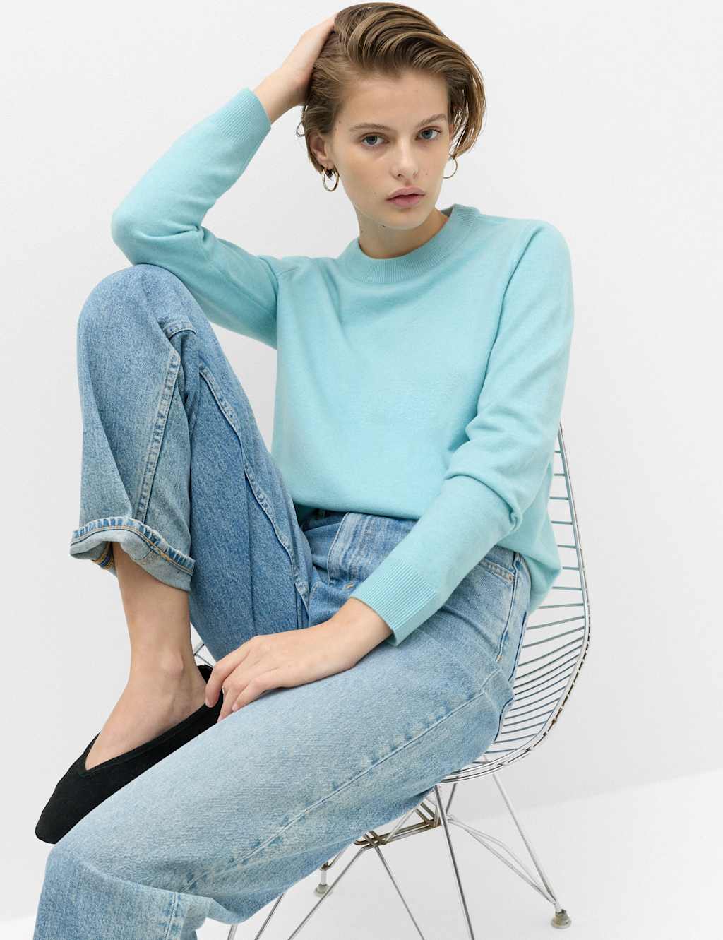 M&S Women's Air-Yarn Crew Neck Jumper - Medium - Soft Turquoise
