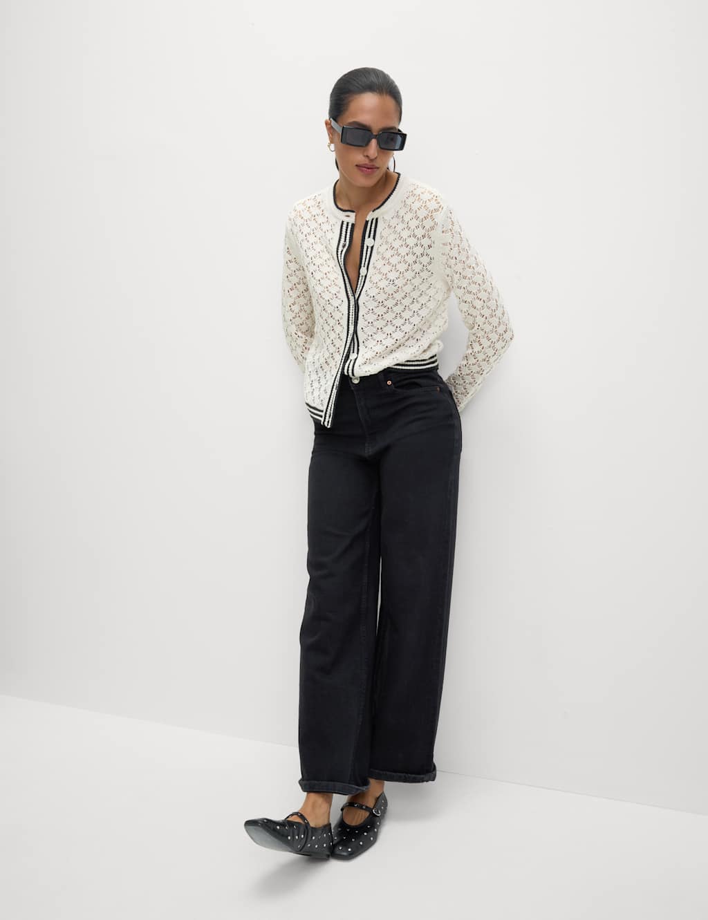 Pointelle Crew Neck Tipped Detail Button Front Cardigan