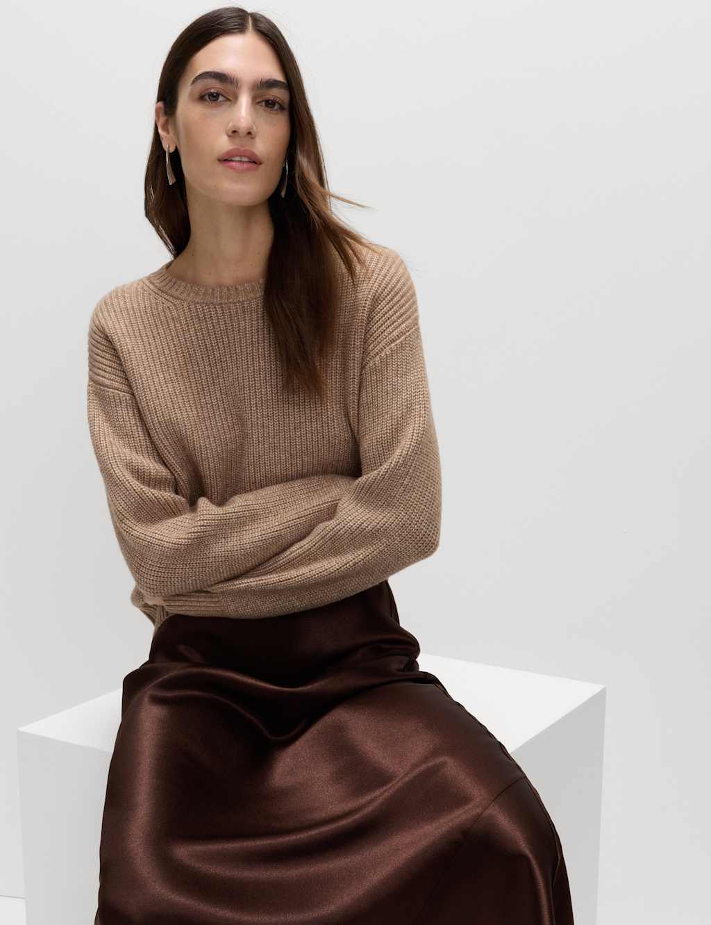 M&S Cloud-Yarn Ribbed Crew Neck Jumper Hazelnut