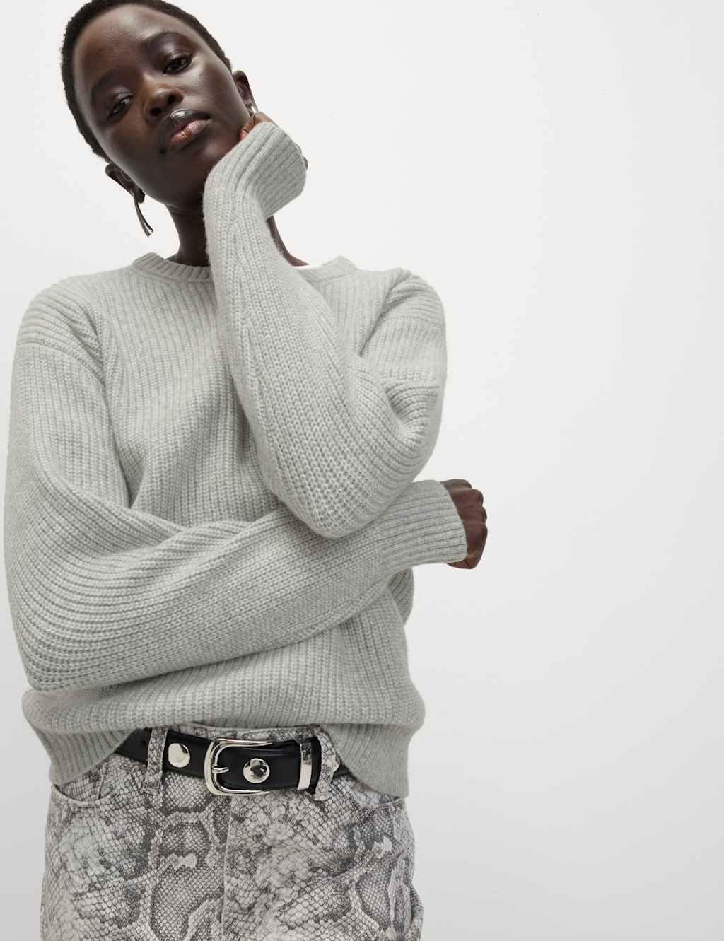 M&S Cloud-Yarn Ribbed Crew Neck Jumper Grey