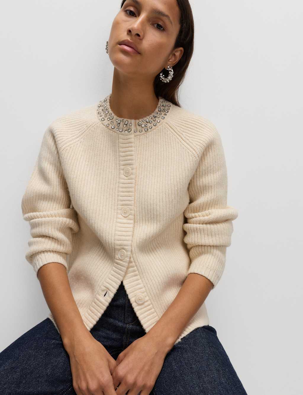 M&S Textured Embellished Button Front Cardigan Cream