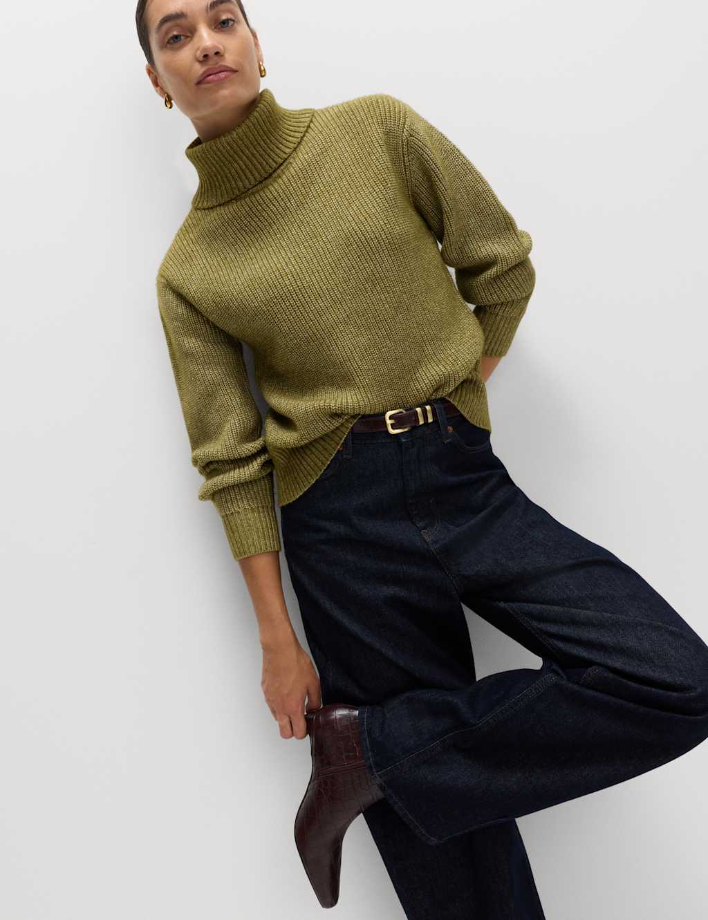M&S Cloud-yarn Ribbed Roll Neck Jumper Olive
