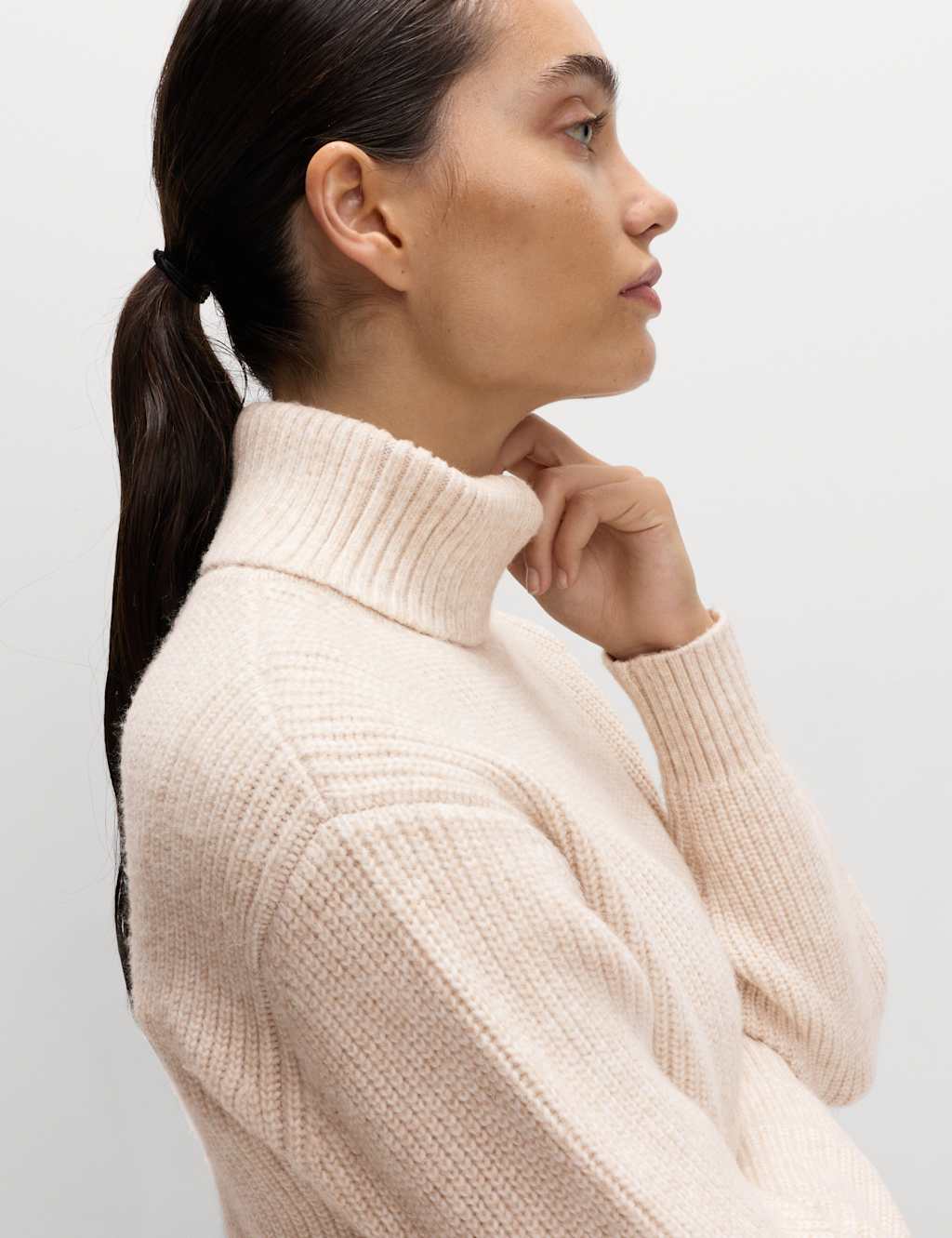 M&S Cloud-yarn Ribbed Roll Neck Jumper Oatmeal