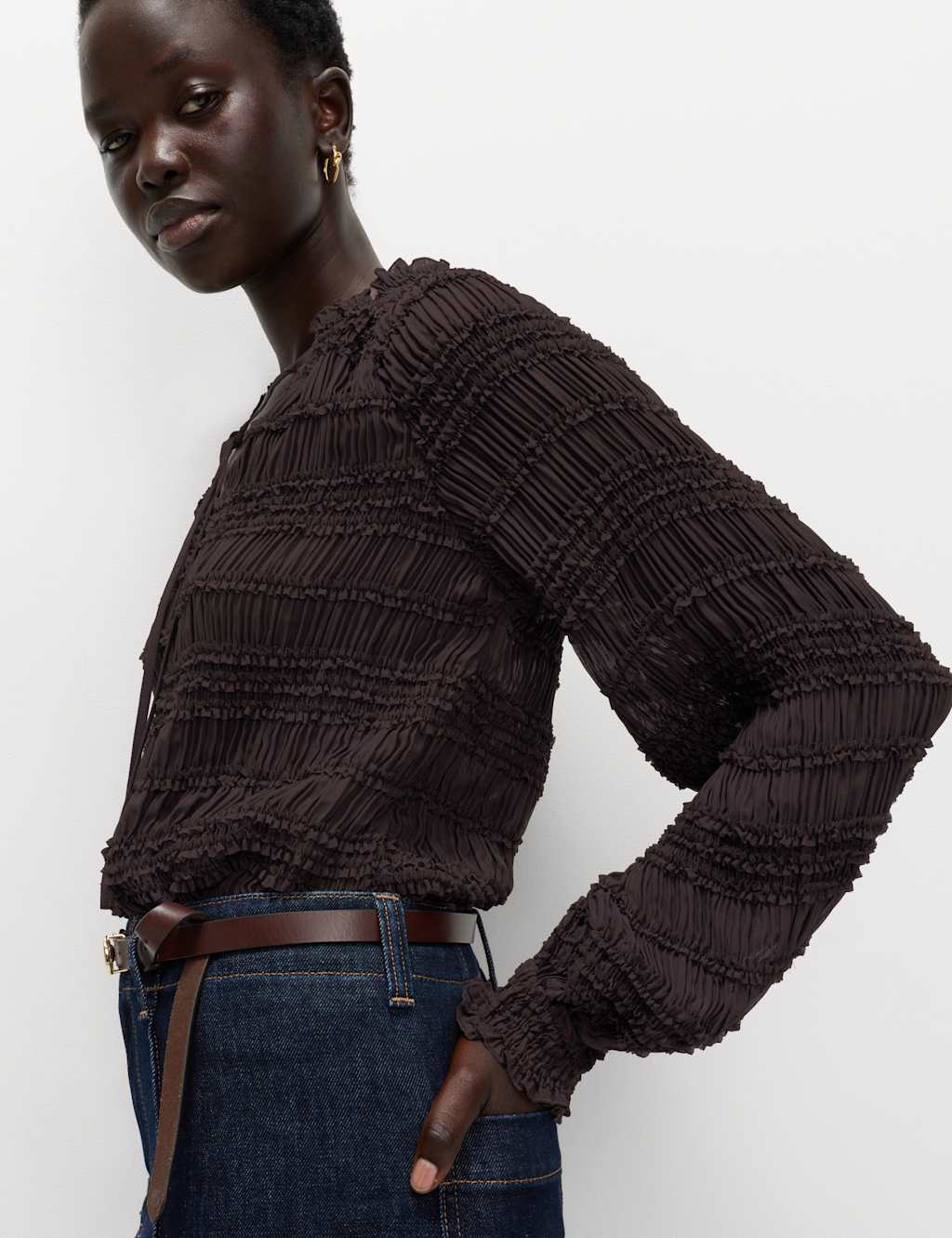 M&S Ruffle Tie Detail Blouson Sleeve Blouse Dark Chocolate