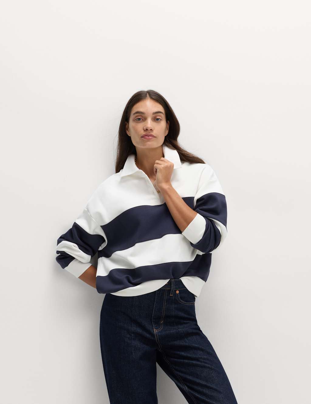 M&S Cotton Rich Striped Rugby Sweatshirt Navy Mix