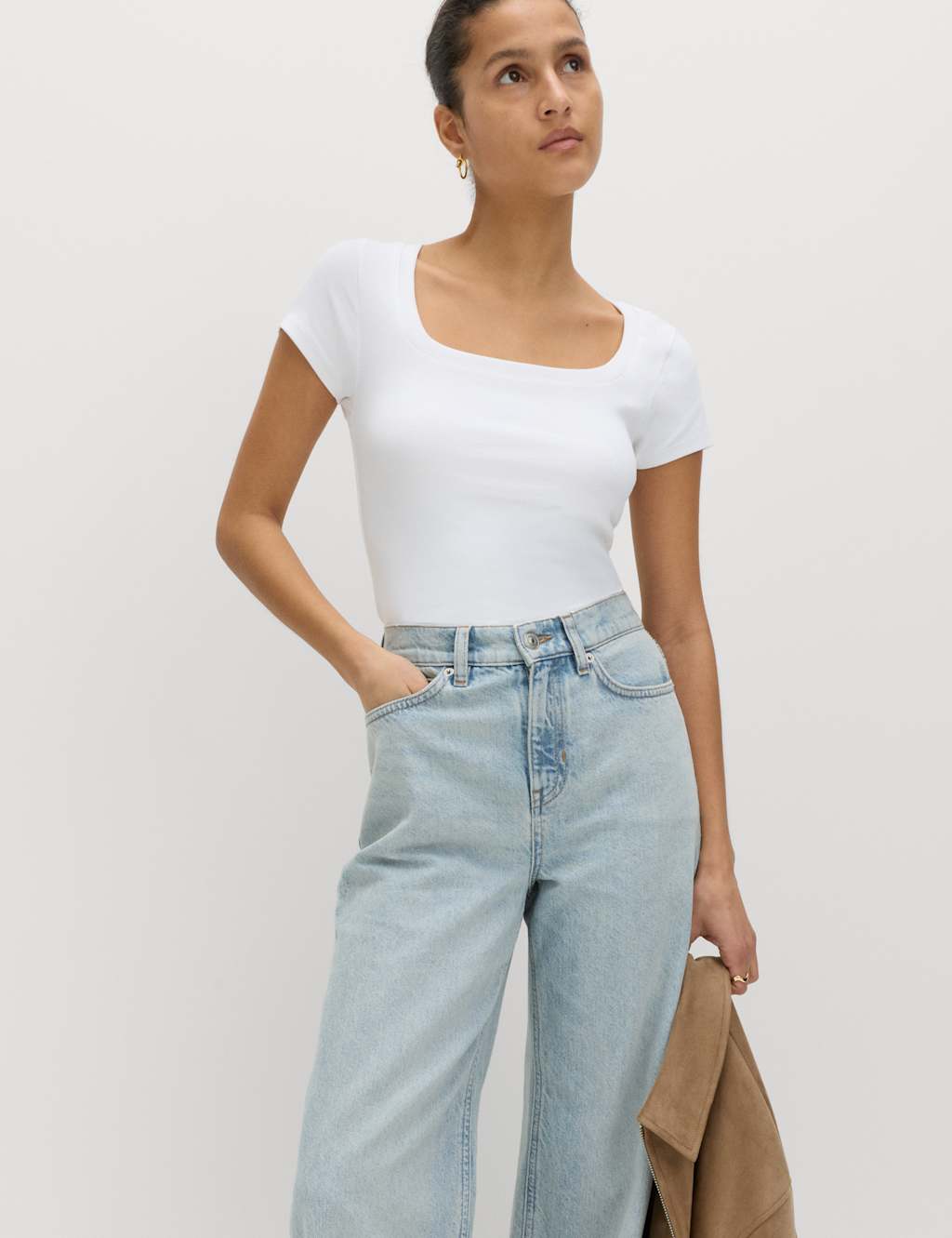 M&S Women's Cotton Rich Premium Square Neck Top - 20 - Soft White