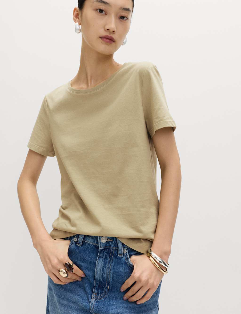 M&S Women's Pure Cotton T-Shirt - 8 - Light Khaki