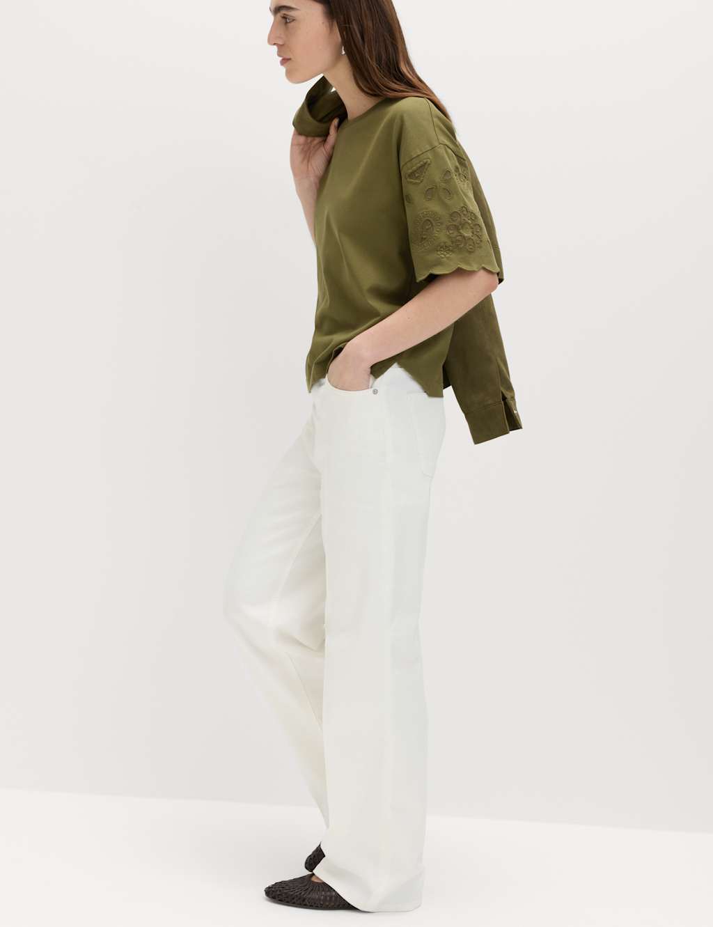 M&S Pure Cotton Broderie Boxy T-Shirt Khaki