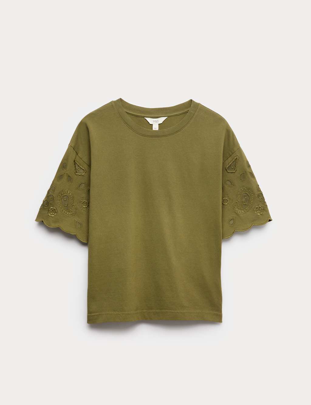 M&S Pure Cotton Broderie Boxy T-Shirt Khaki