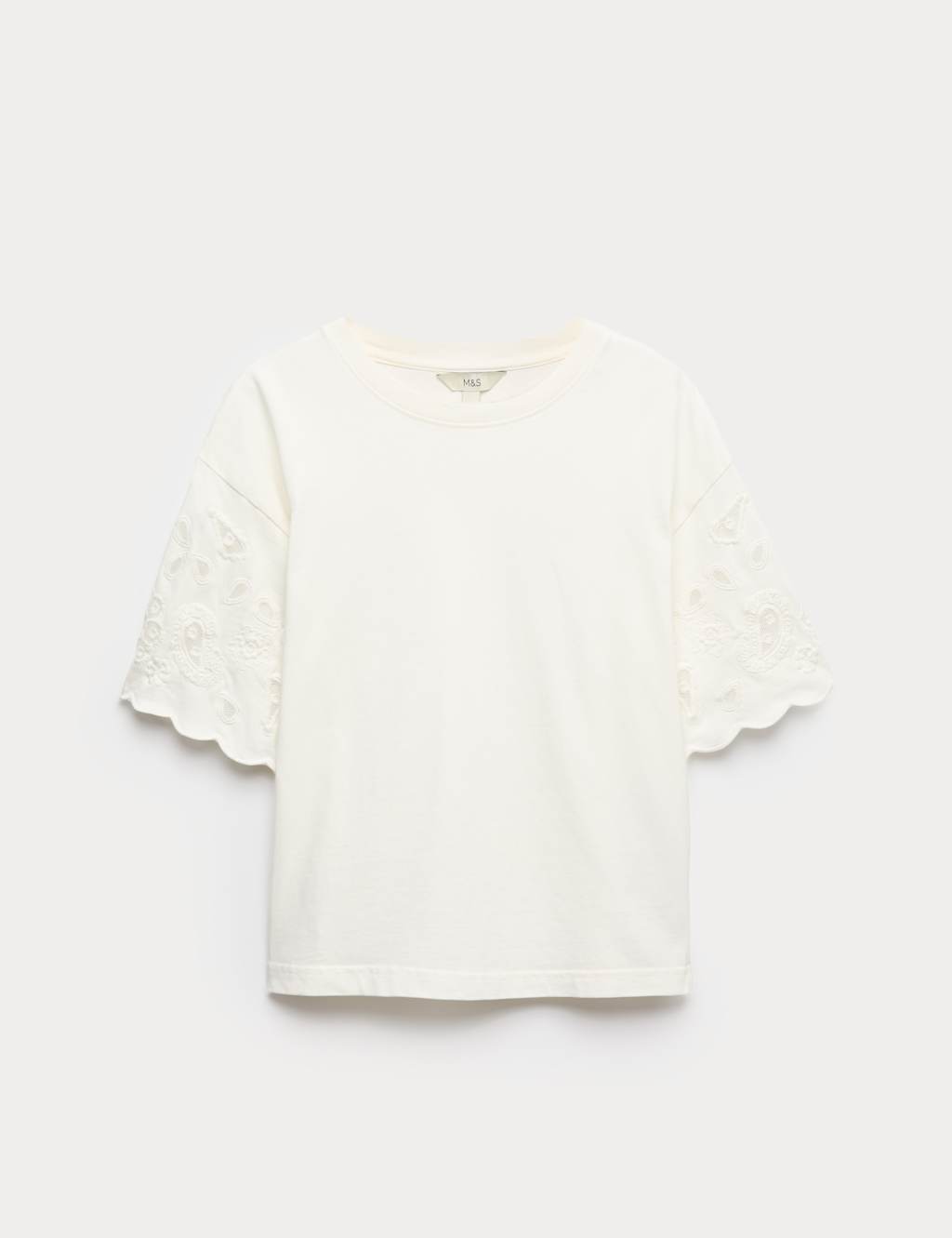 M&S Pure Cotton Broderie Boxy T-Shirt Soft White