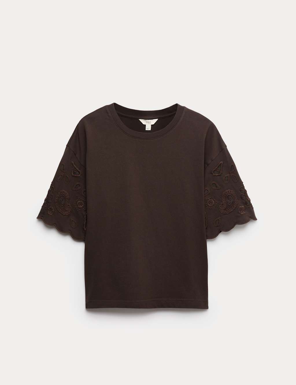M&S Pure Cotton Broderie Boxy T-Shirt Chocolate