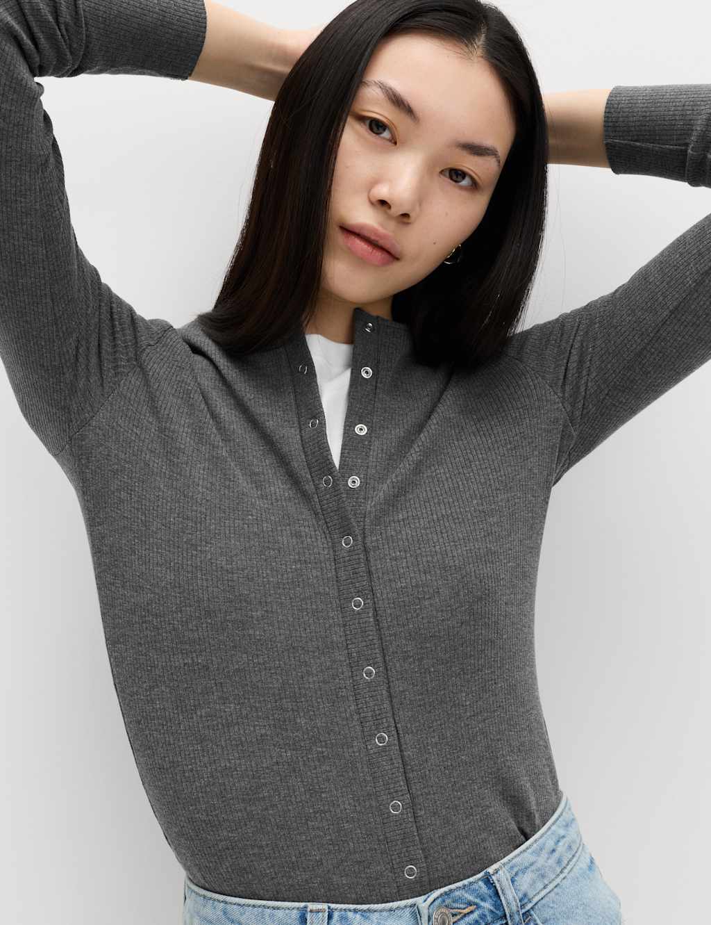 M&S Women's Cotton Rich Long Sleeve Popper Henley Top - 12 - Charcoal