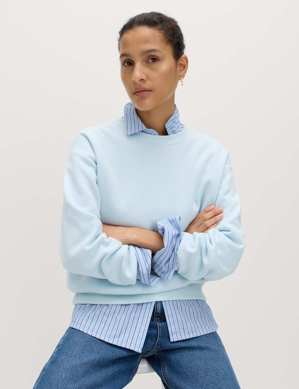 M&S Women's Cotton Rich Crew Neck Sweatshirt - Large - Ice Blue