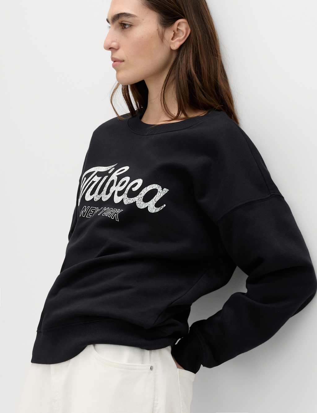 M&S Women's Cotton Rich Graphic Long Sleeve Sweatshirt - Small - Black Mix