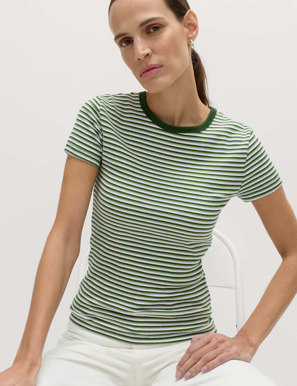 M&S Women's Cotton Rich Ribbed Slim Fit T-Shirt - 6 - Green Mix
