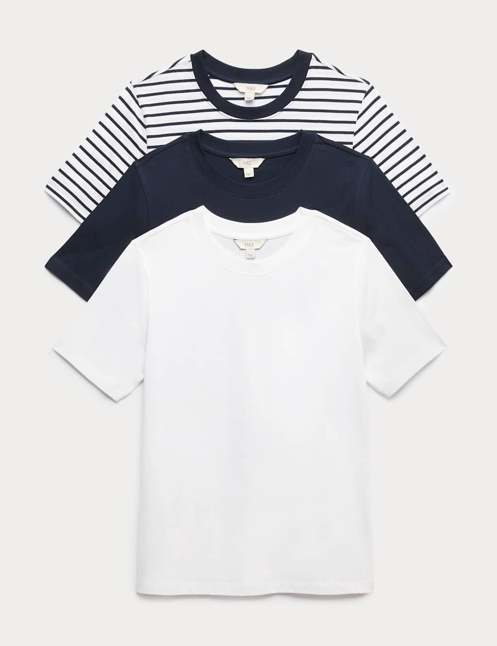 M&S Women's 3 Pack Pure Cotton T-Shirts - 16 - Navy Mix