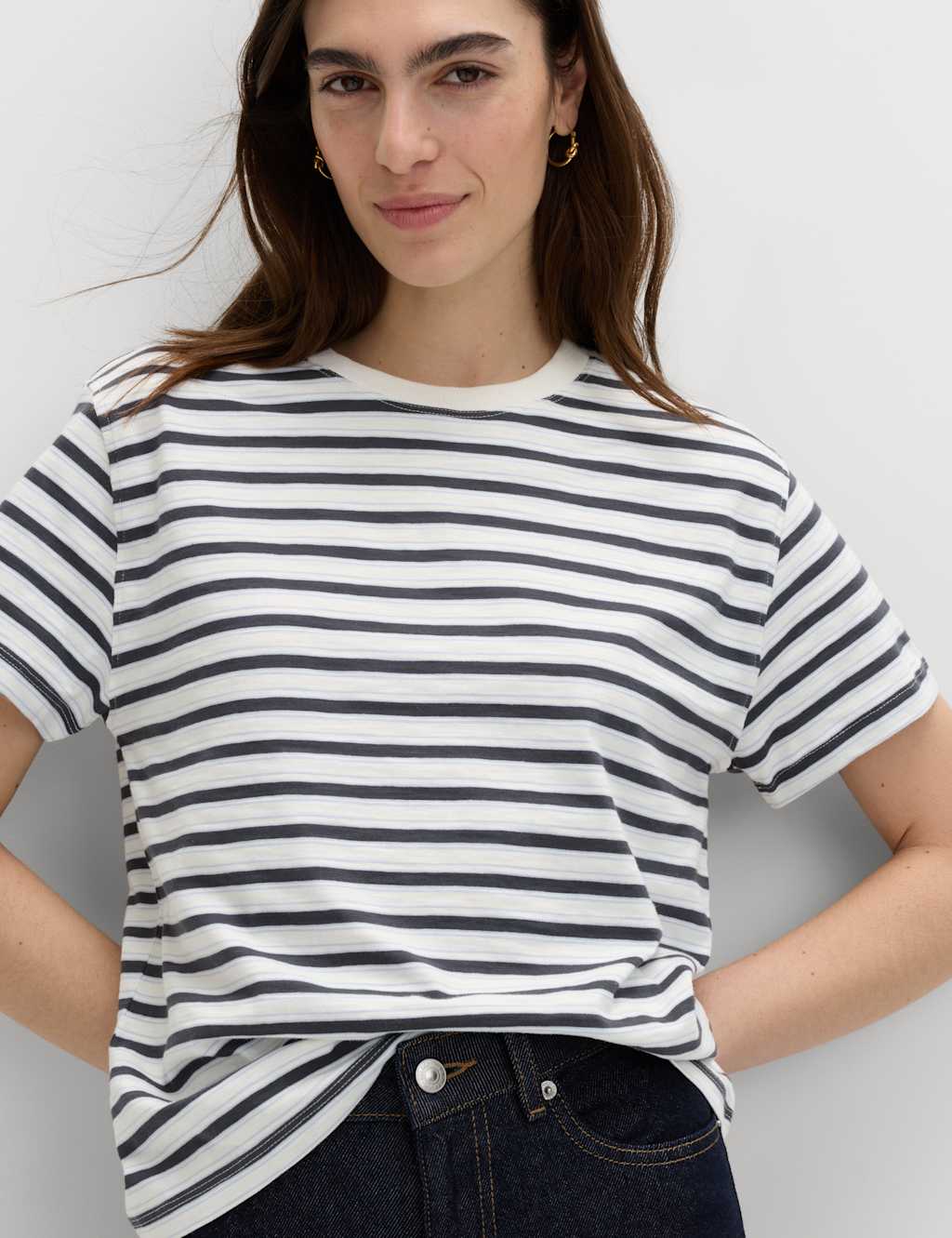 M&S Women's Pure Slub Cotton Striped T-Shirt - 8 - White Mix