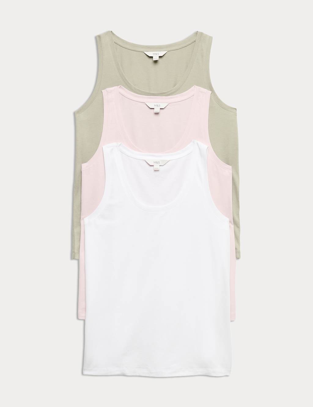 M&S Women's 3 Pack Pure Cotton Vest Tops - 8 - White Mix
