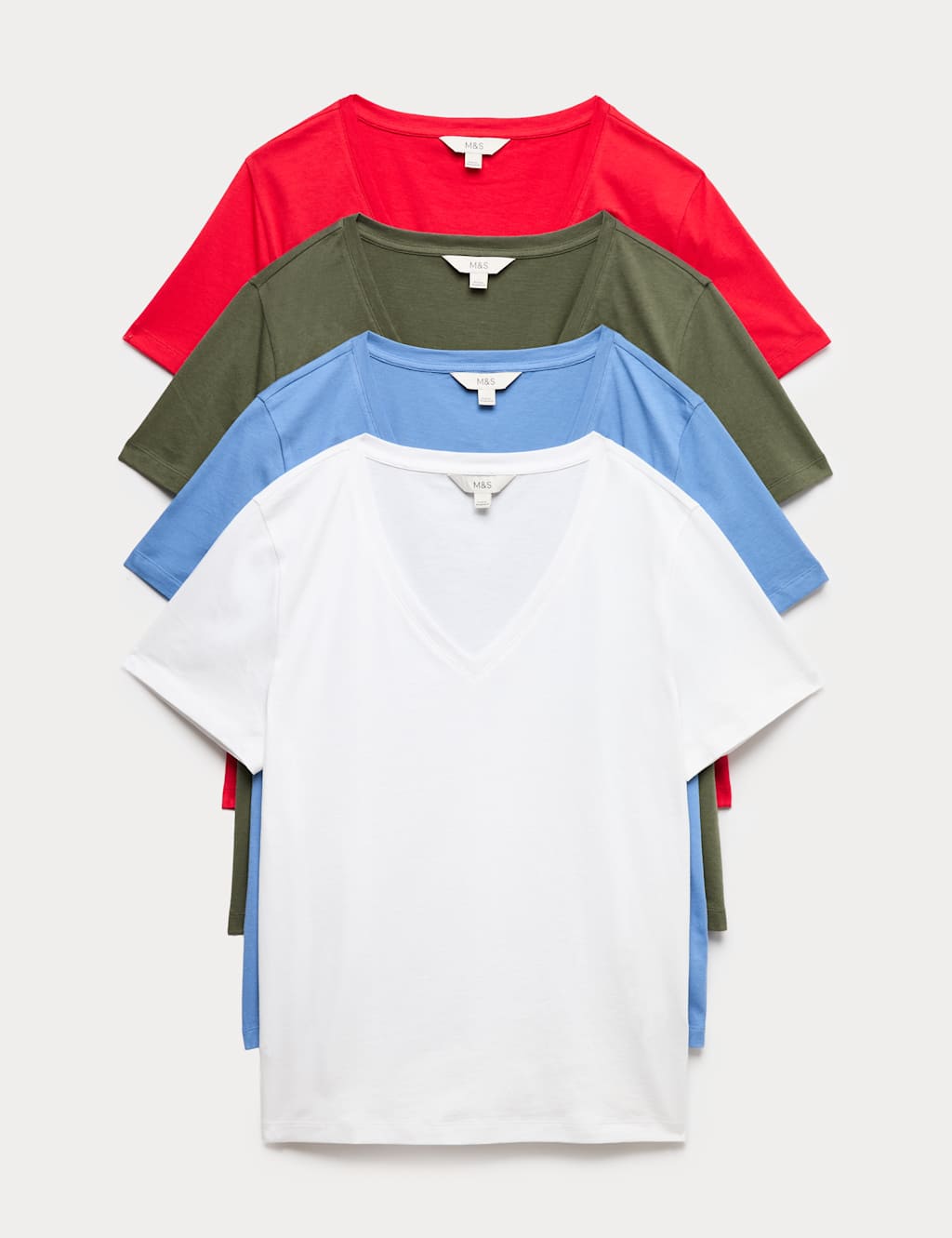 M&S Women's 4 Pack Pure Cotton V-Neck T-Shirts - 10 - Multi