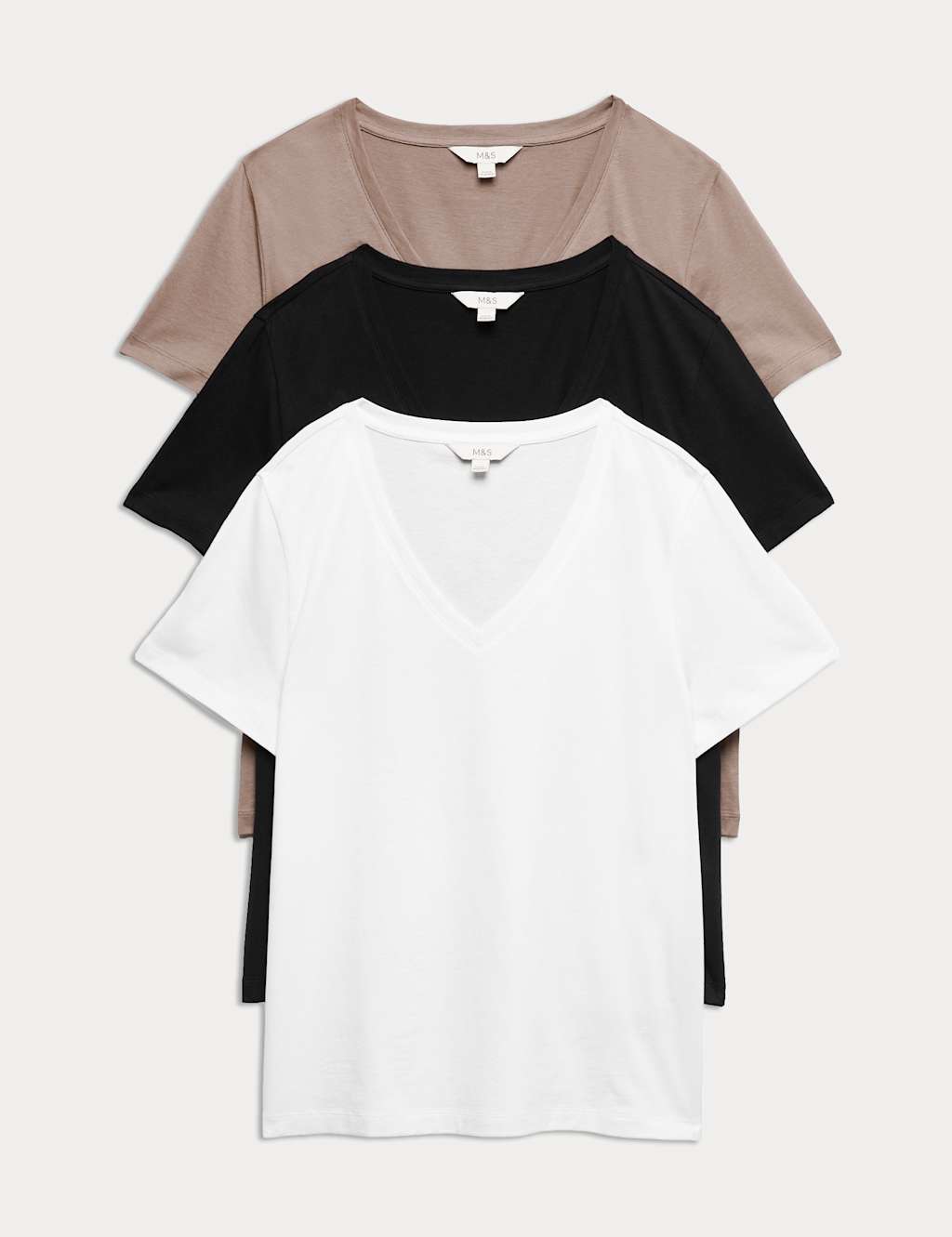 M&S Women's 3 Pack Pure Cotton V-Neck T-Shirts - 8 - Brown Mix