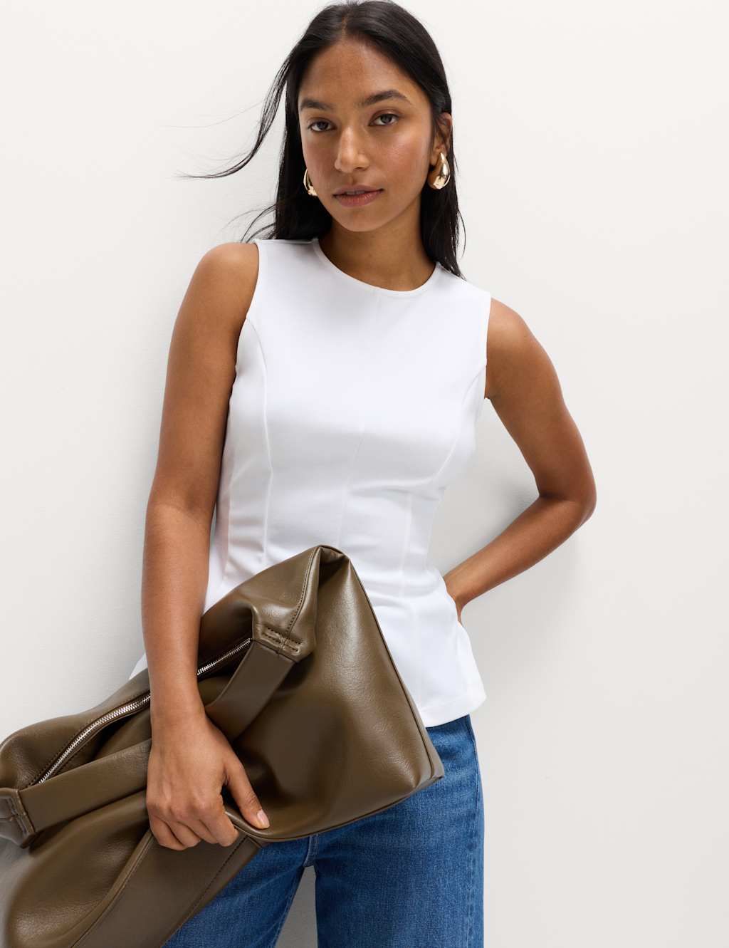 M&S Women's Fitted Sleeveless Peplum Top - 14 - Soft White
