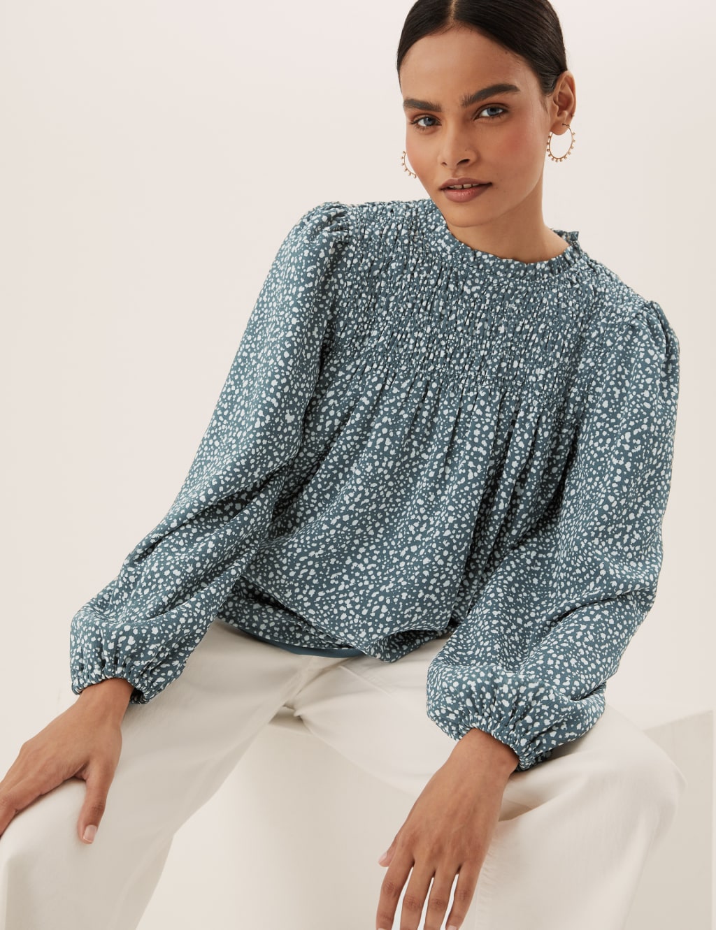 M&S Ditsy Floral Smocked Long Sleeve Blouse Green Mix