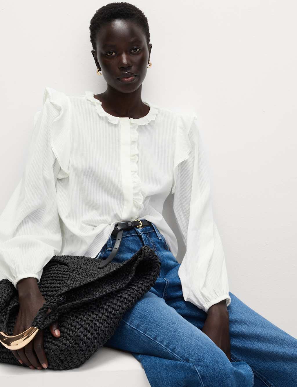 M&S Pure Cotton Collared Ruffle Blouson Sleeve Blouse Ivory