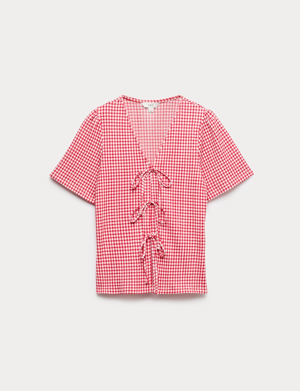M&S Gingham Textured V-Neck Tie Front Top Red Mix