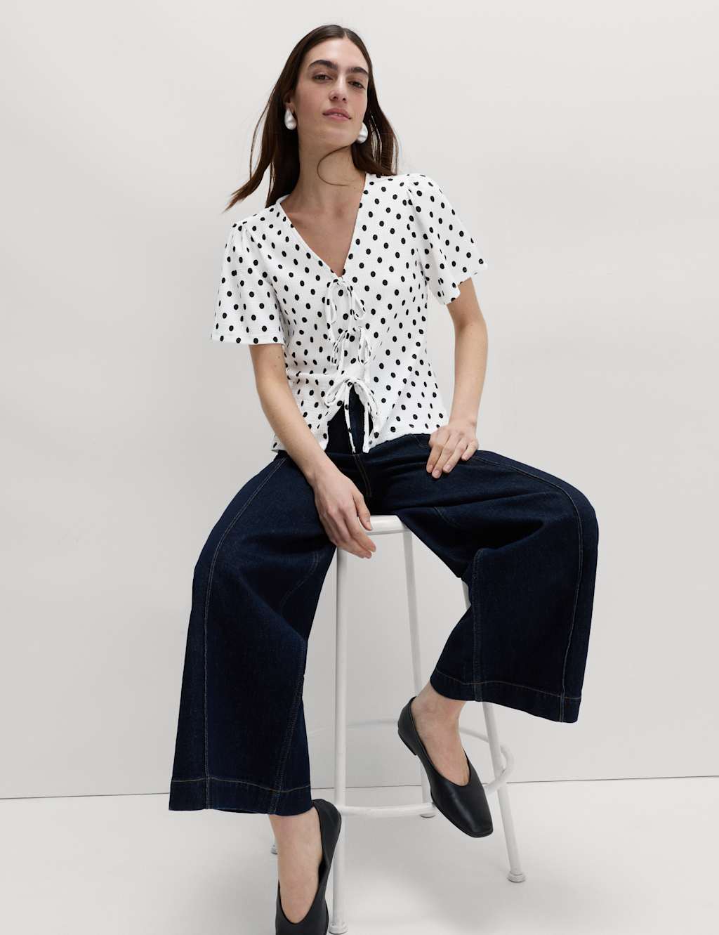 M&S Gingham Textured V-Neck Tie Front Top White Mix