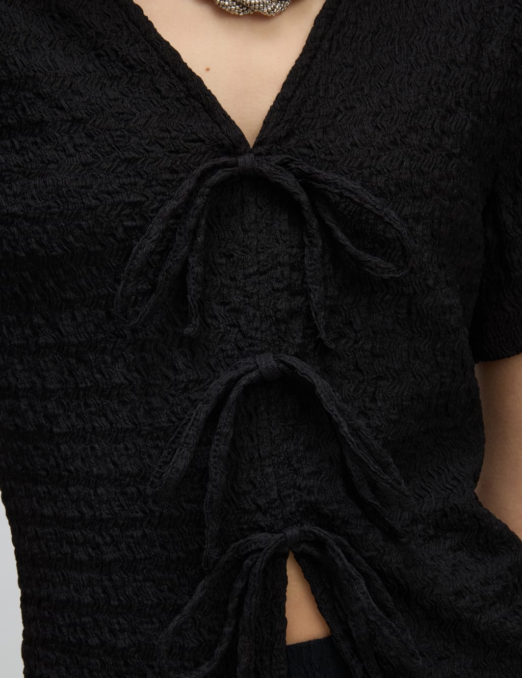 Textured V-Neck Tie Front Top