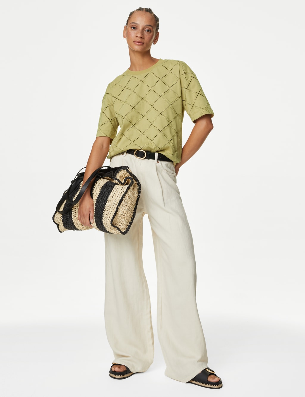 M&S Cotton Rich Broderie T-Shirt Onyx