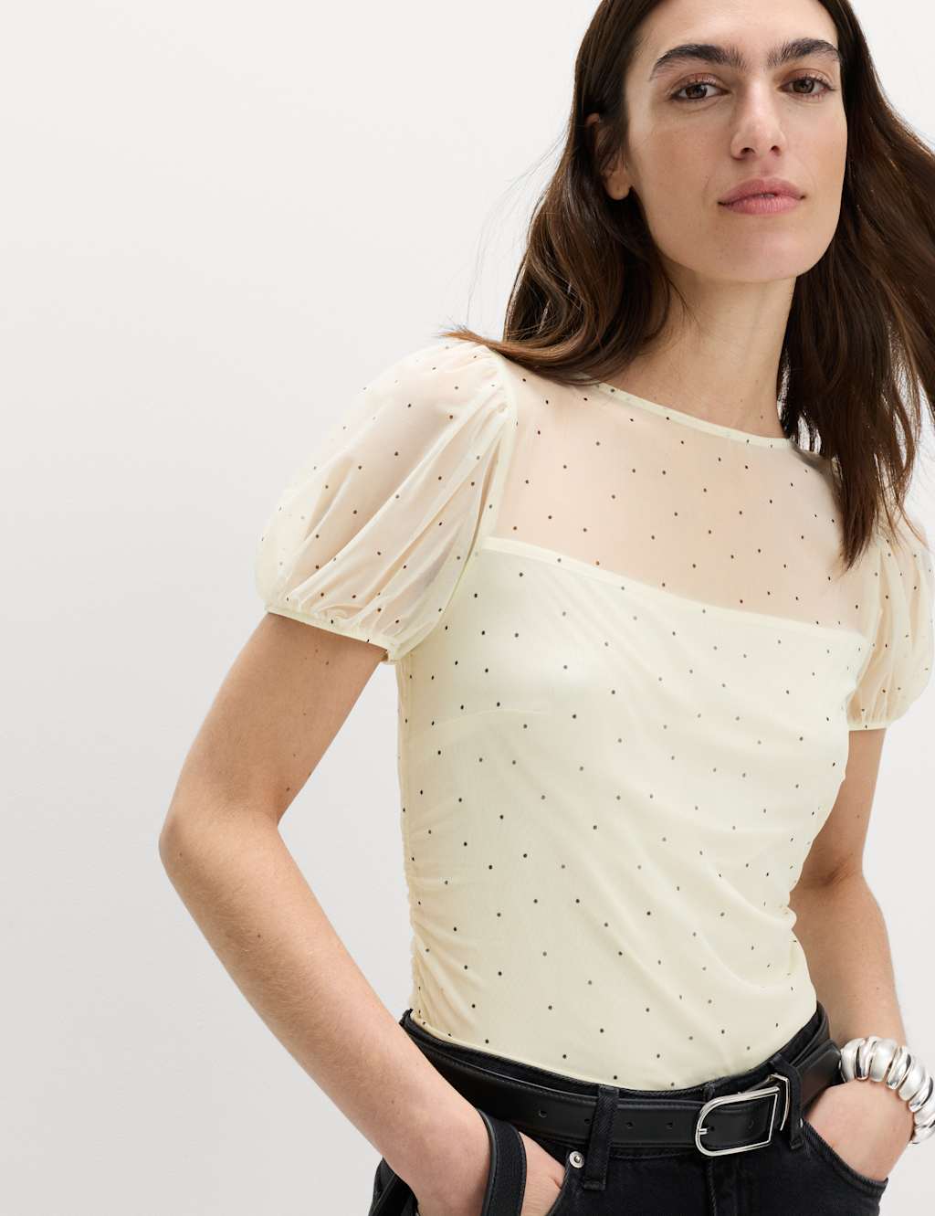 M&S Women's Mesh Polka Dot Fitted Top - 10 - Ivory Mix