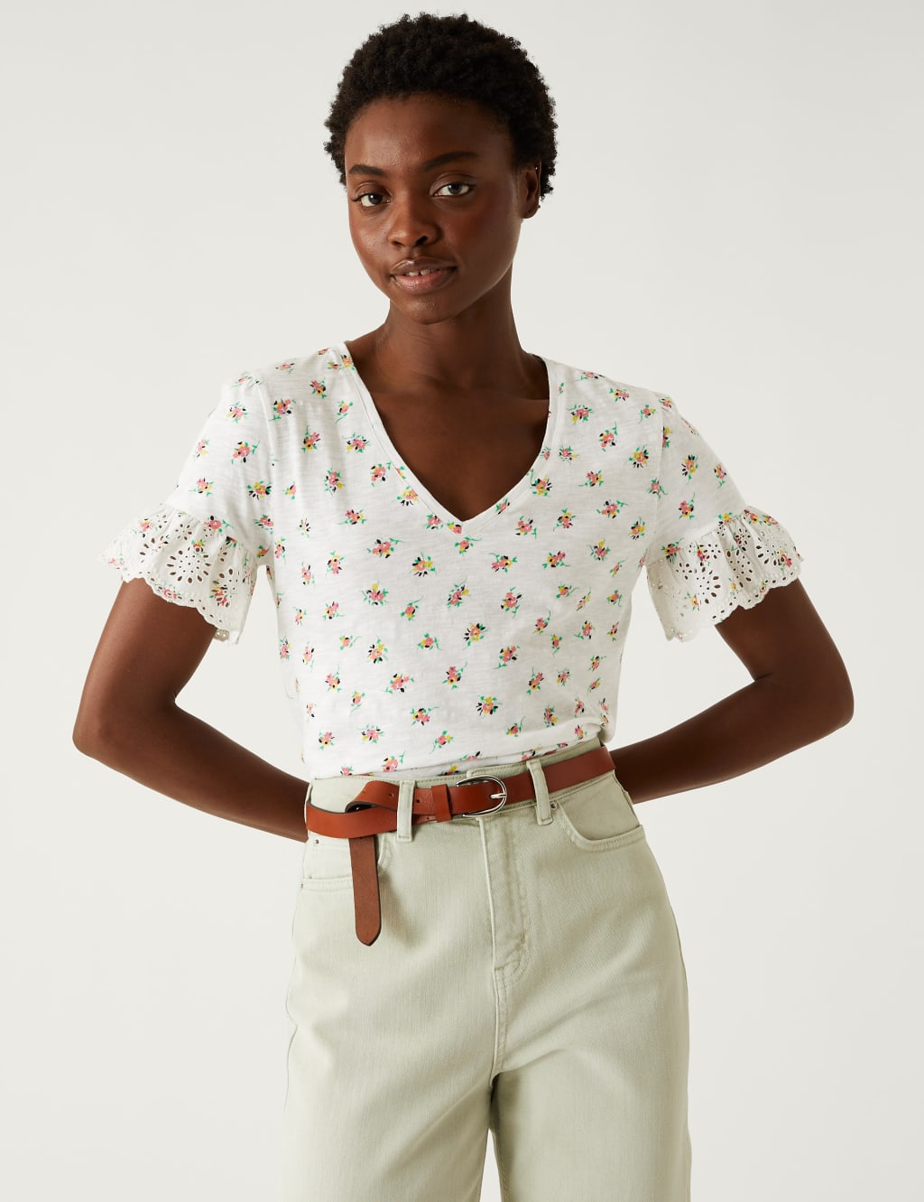 M&S Pure Cotton Printed Top Ivory Mix