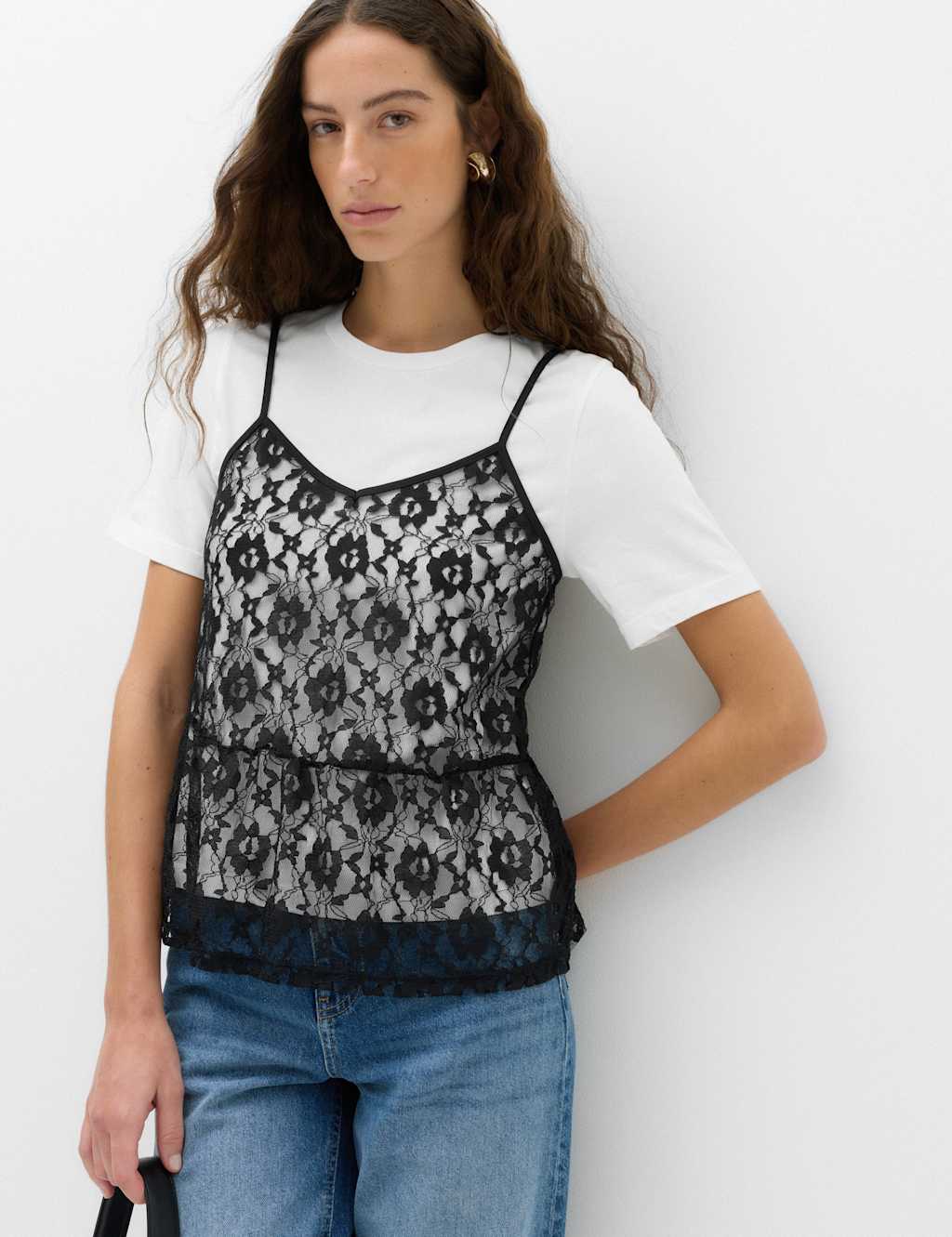 M&S Women's Pure Cotton Lace Double Layer T-Shirt - 18 - White Mix