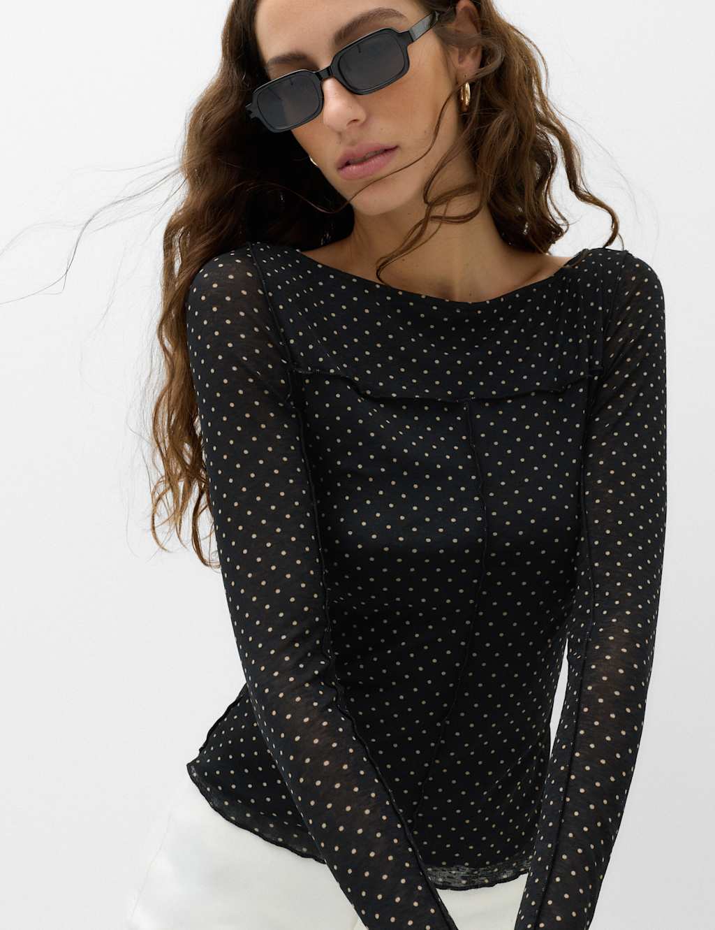 M&S Women's Mesh Jersey Polka Dot Slash Neck Top - 14 - Black Mix