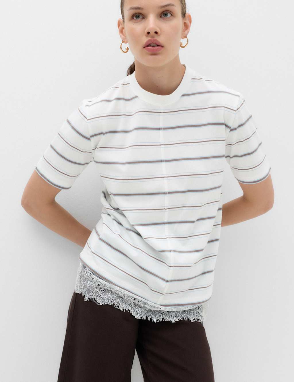 M&S Women's Pure Cotton Lace Hem T-Shirt - 18 - White Mix