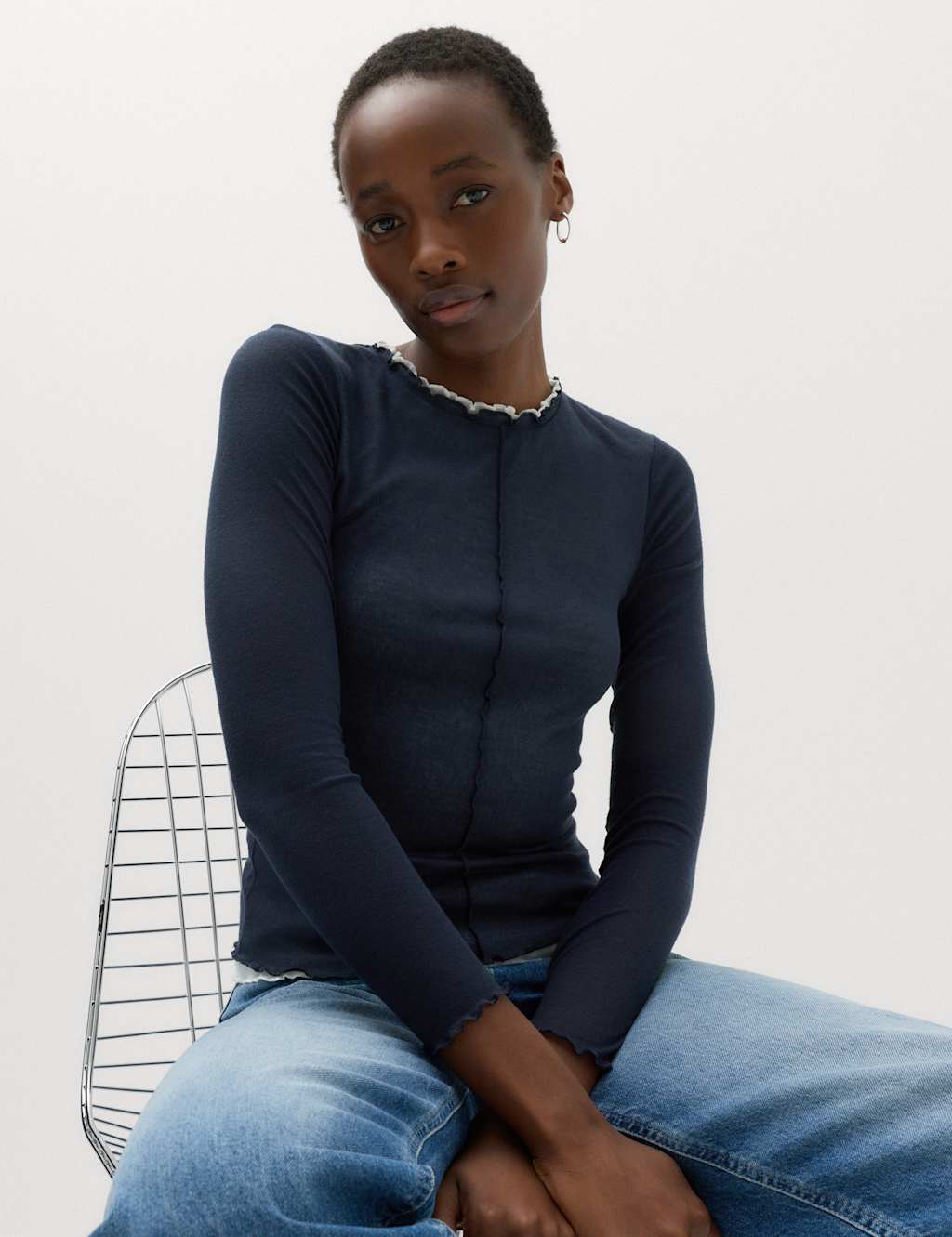 M&S Women's Double Layer Lettuce Hem Top - 8 - Navy Mix