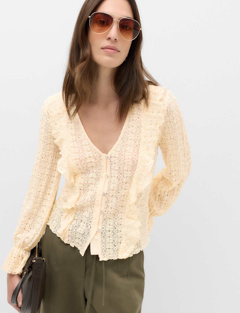 M&S Women's Lace V-Neck Ruffle Top - 12 - Ivory