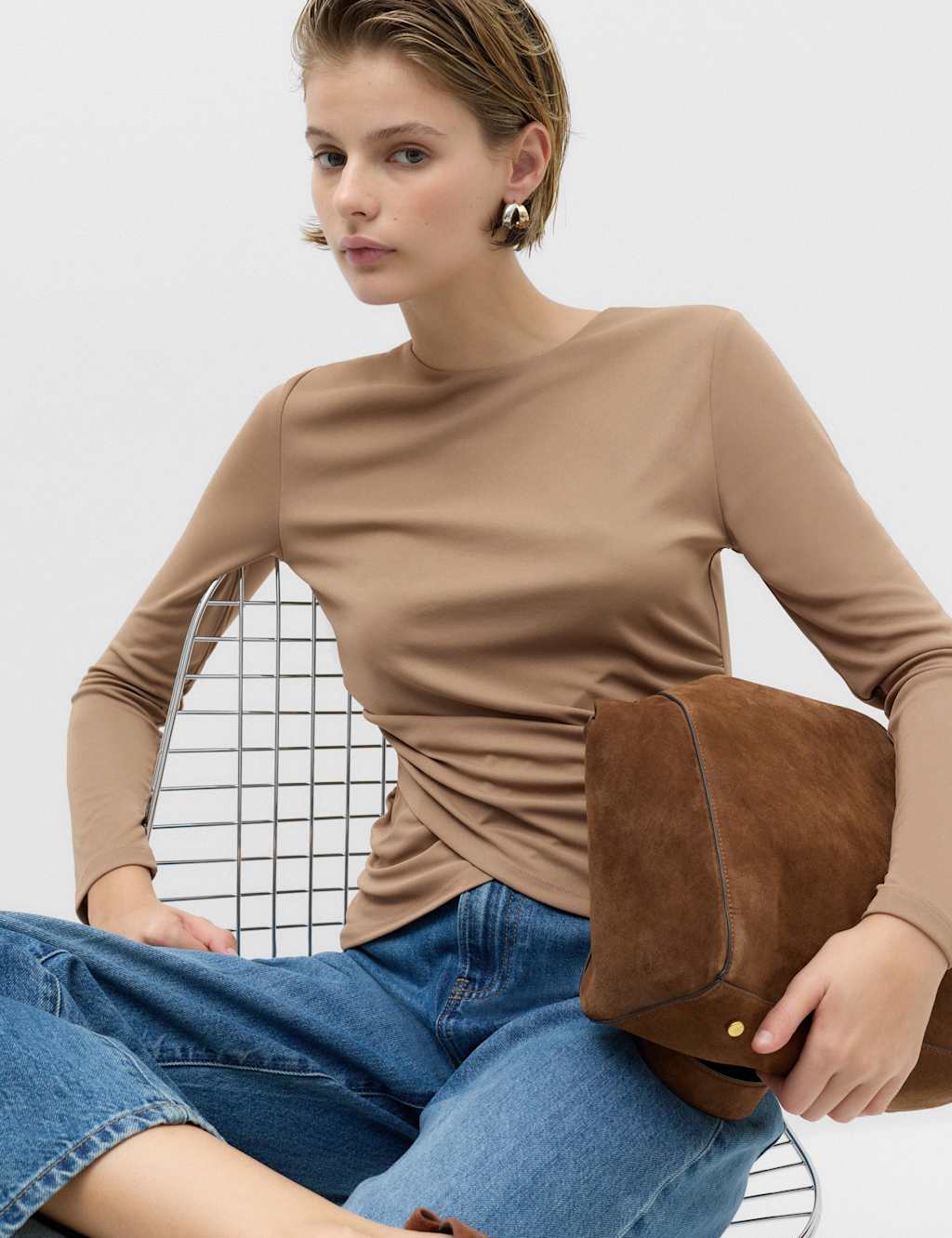 M&S Women's Long Sleeve Wrap Hem Top - 8 - Neutral