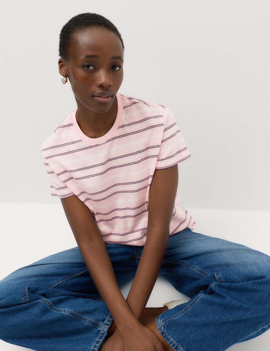 M&S Women's Pure Cotton Striped T-Shirt - 10 - Pink Mix