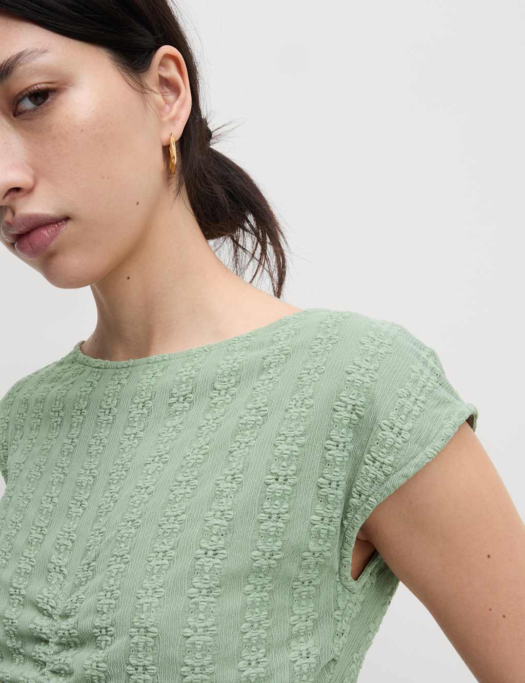 Ruched Mesh Slash Neck Top