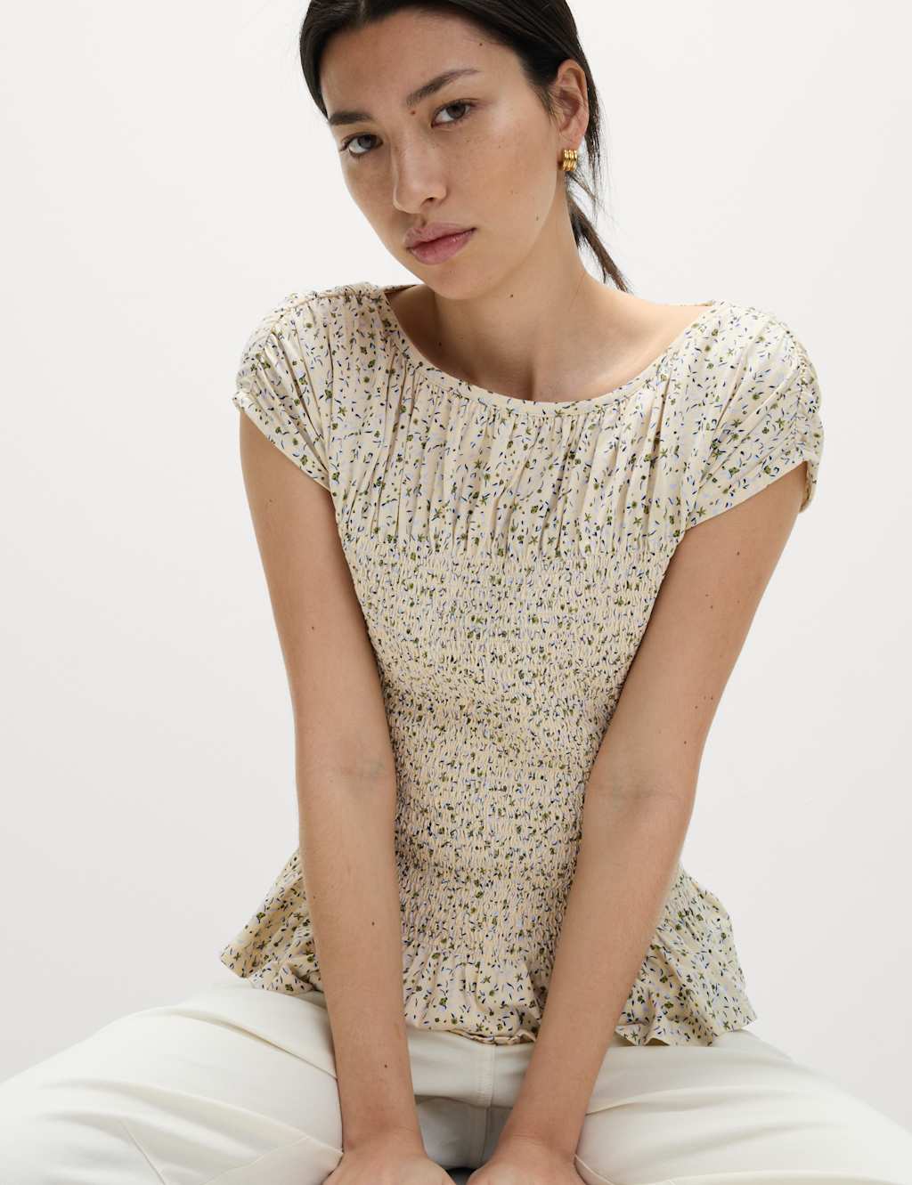 Pure Cotton Printed Shirred Top