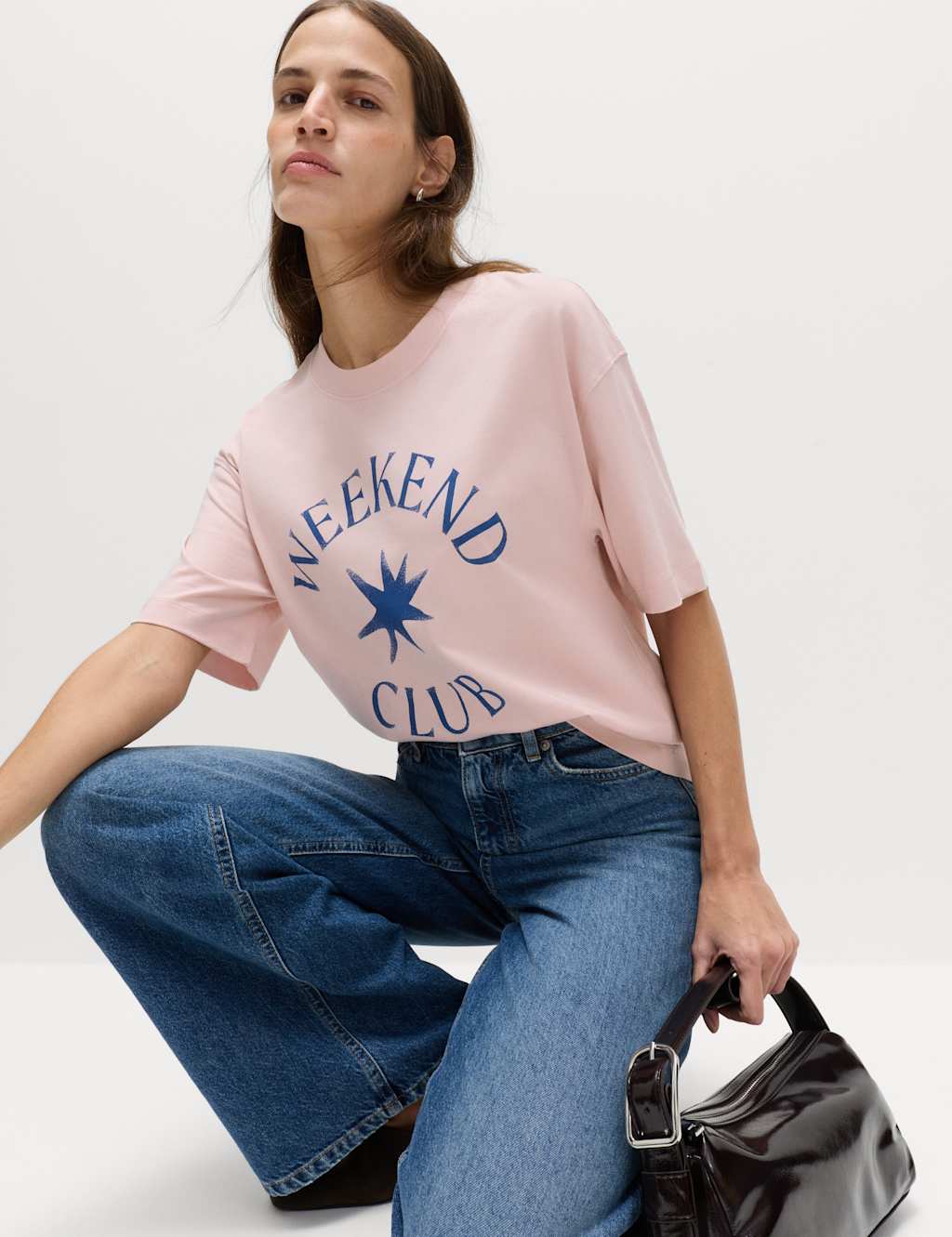 M&S Women's Cotton Rich Graphic Oversized T-Shirt - 8 - Pink Mix