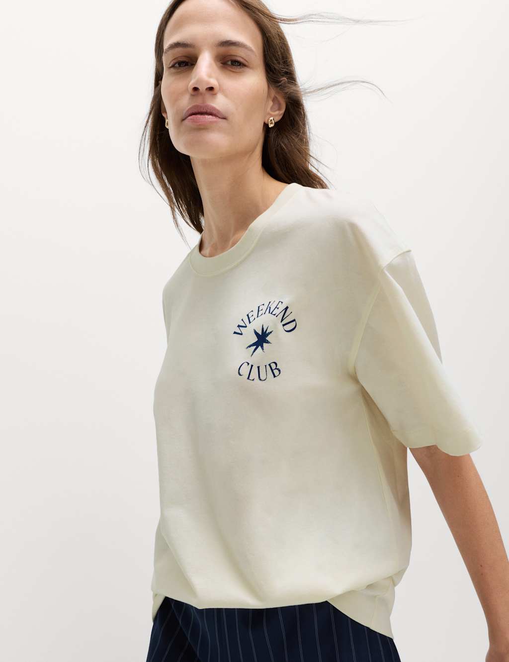 M&S Women's Cotton Rich Graphic Oversized T-Shirt - 10 - White Mix