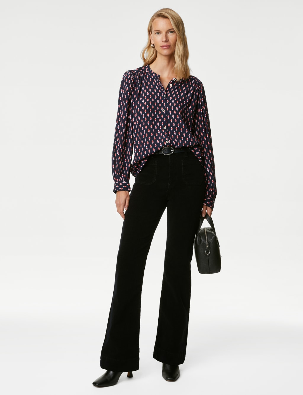 M&S Printed Longline Button Through Blouse Navy Mix