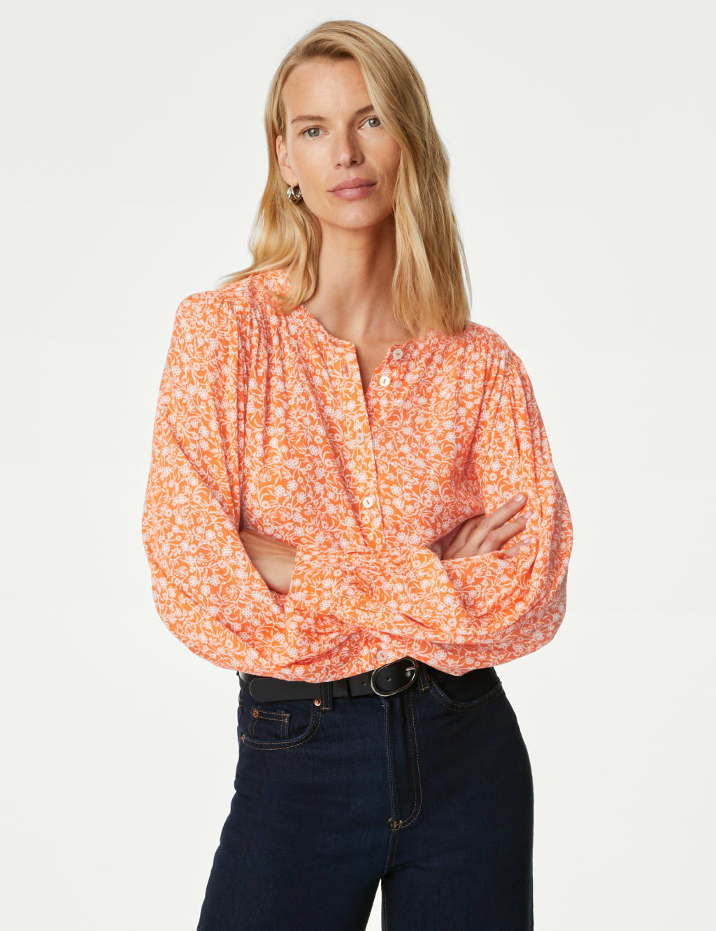 M&S Printed Longline Button Through Blouse Orange Mix