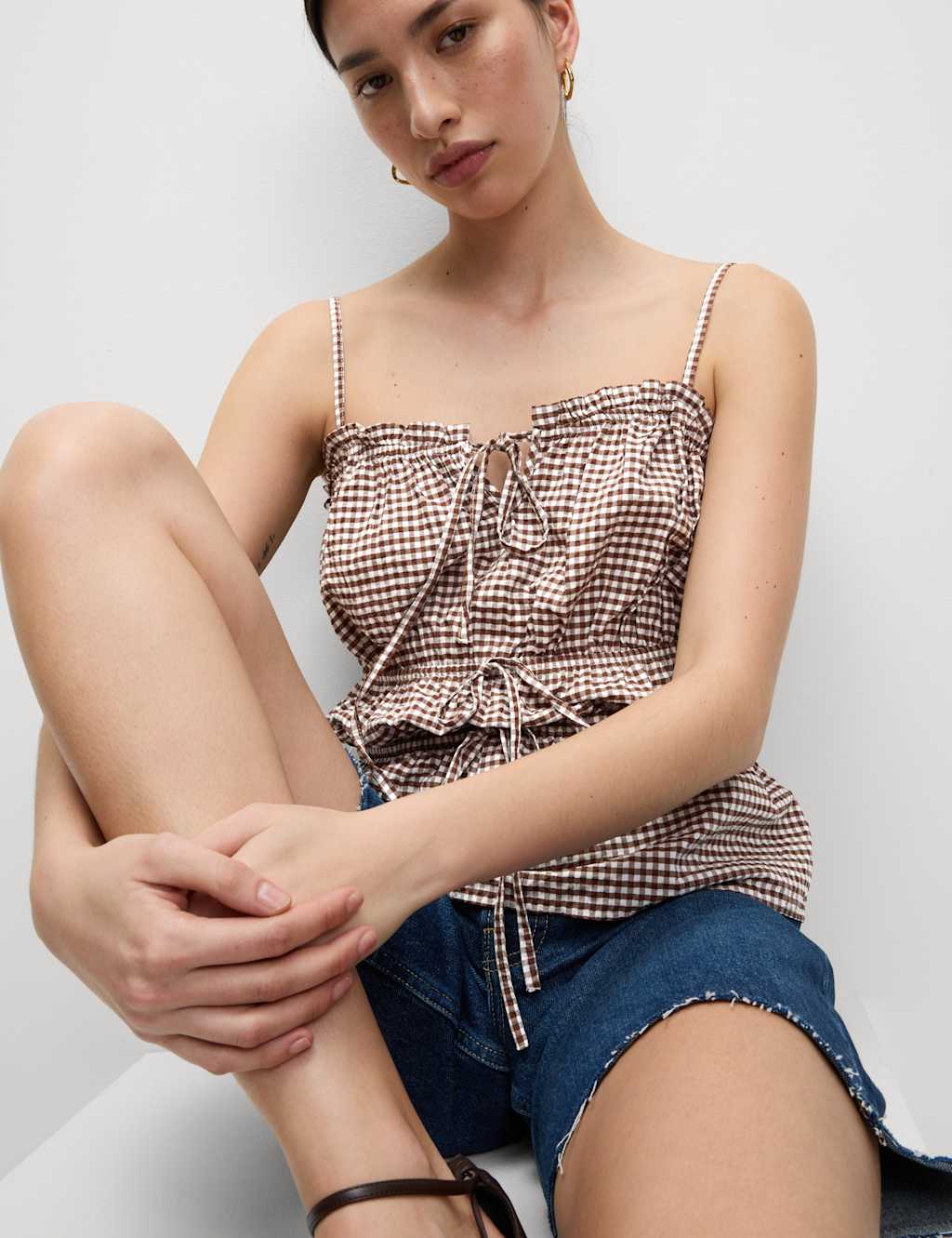 Modal Rich Gingham Tie Front Cami Top