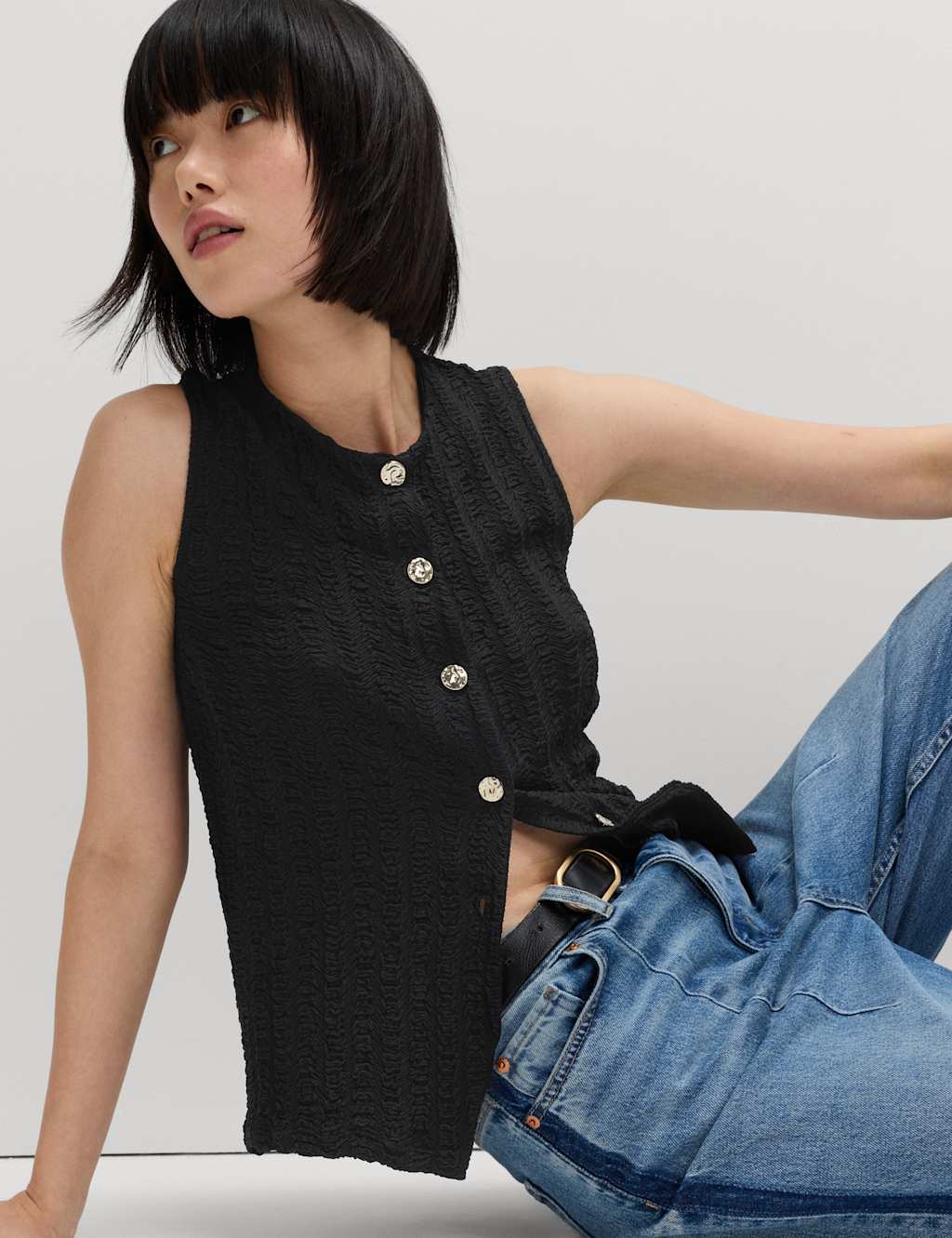 M&S Collection Women's Crew Neck Textured Waistcoat - 12 - Black, Black